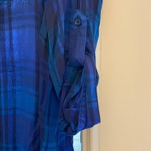 Faded Glory Blue Flannel Print 3/4 Sleeve Buttonup